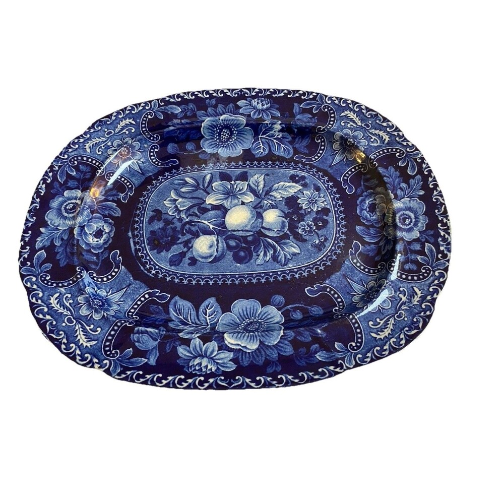 Antique 1820 / 30 Stubs & Kent Dark Blue Transferware Fruit Floral Platter 14.5”